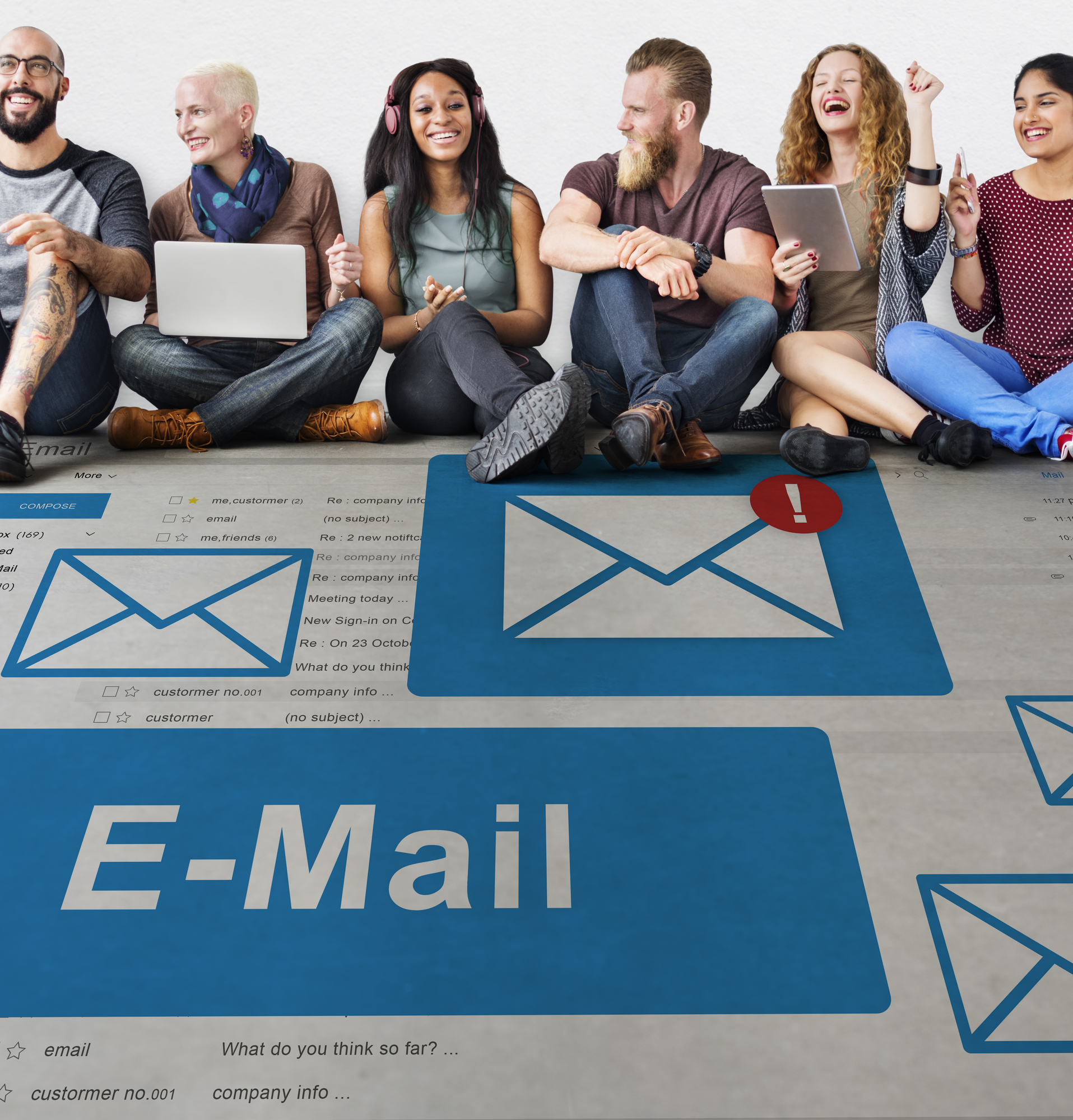 email marketing trends 2023 six young people sitting in a line laughing and smiling and using devices on a floor with email logos and the word e-mail